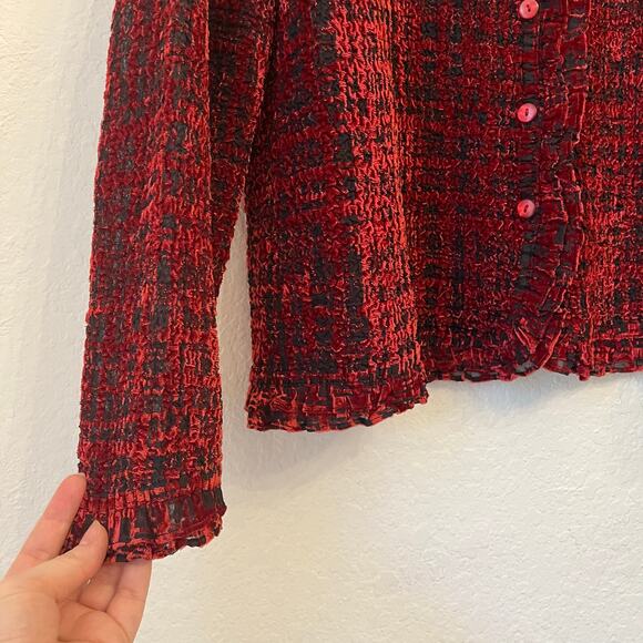 Coldwater Creek Velvet Burnout Cardigan 1X Deep Red Ruffle Trim Whimsigoth Sheer - Picture 6 of 12